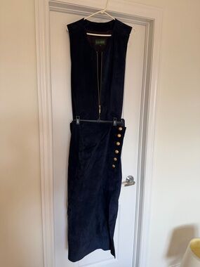 Danier Navy Suede Midi skirt with slit angle button detail Gold Buttons